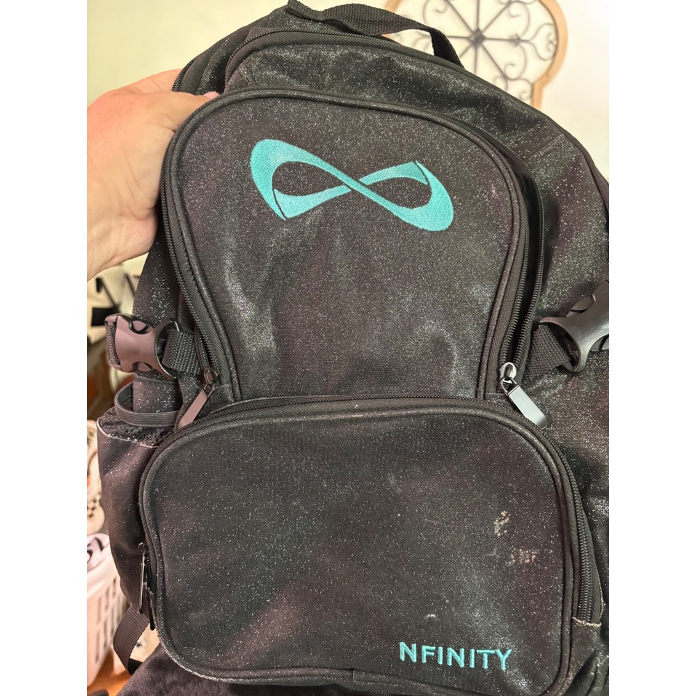 Nfinity Classic Cheer Backpack Black Glitter Teal Logo Athletic School Bag